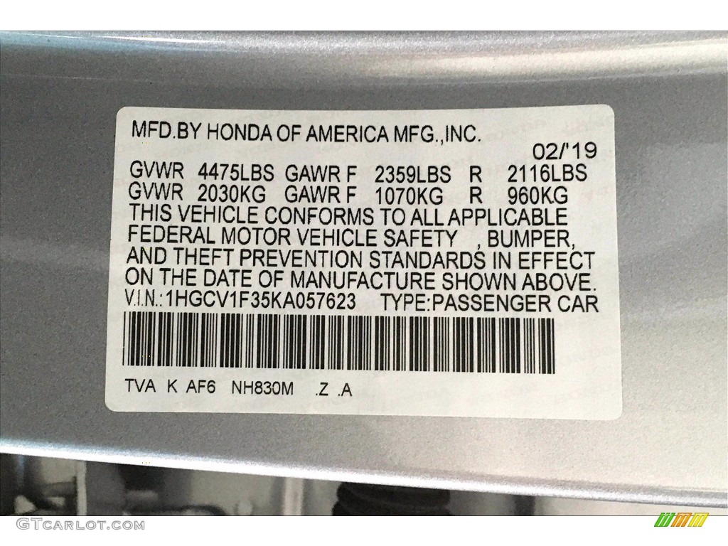 2019 Accord Color Code NH830M for Lunar Silver Metallic Photo #139472275