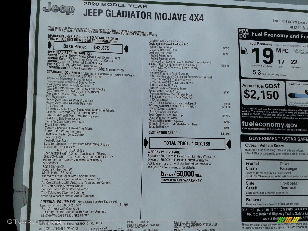 2020 Jeep Gladiator Mojave 4x4 Window Sticker Photo #139476019