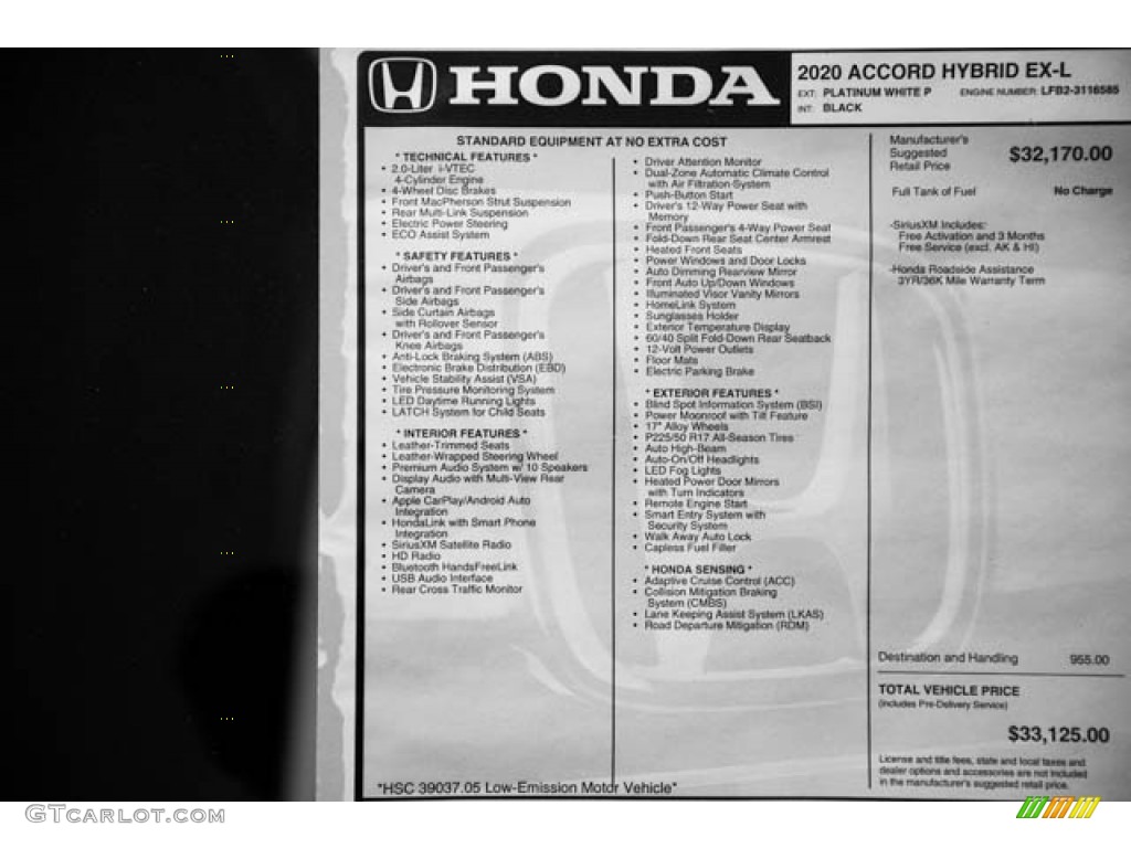 2020 Honda Accord EX-L Hybrid Sedan Window Sticker Photo #139476523