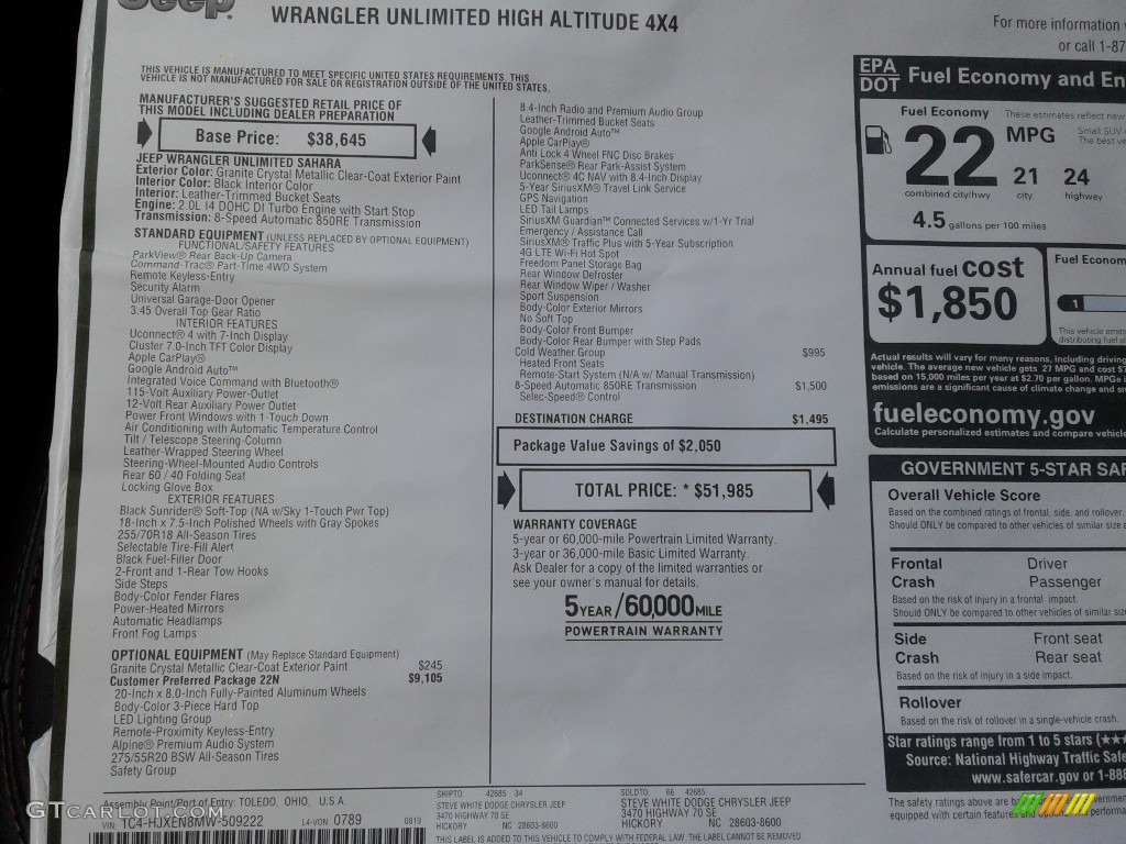 2021 Jeep Wrangler Unlimited High Altitude 4x4 Window Sticker Photo #139477687