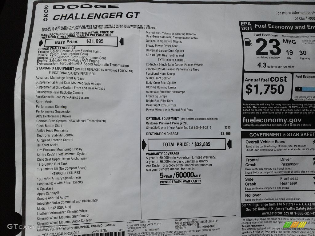 2020 Dodge Challenger GT Window Sticker Photo #139482996