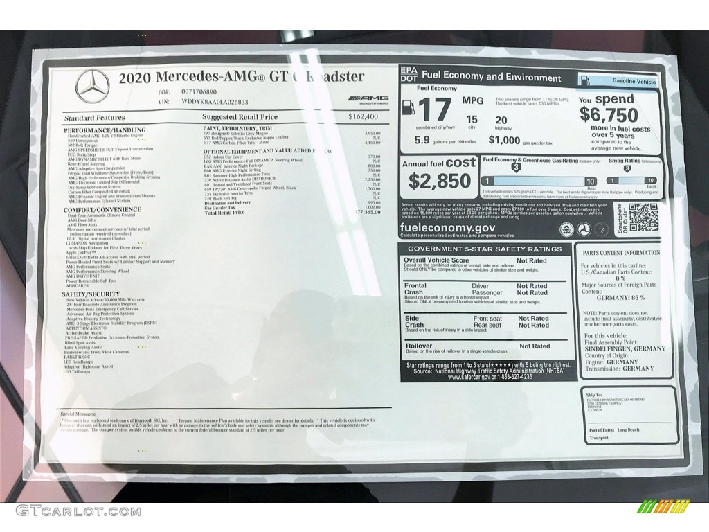 2020 Mercedes-Benz AMG GT C Roadster Window Sticker Photo #139483103