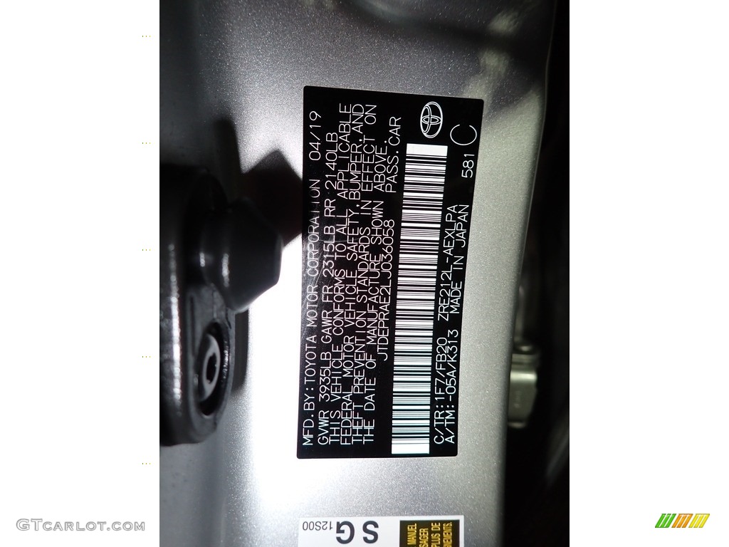 2020 Corolla Color Code 1F7 for Classic Silver Metallic Photo #139485078