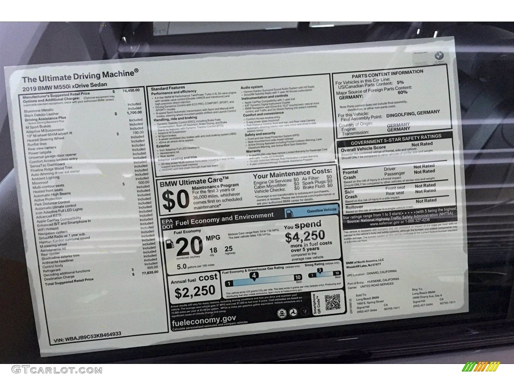 2019 BMW 5 Series M550i xDrive Sedan Window Sticker Photo #139492336