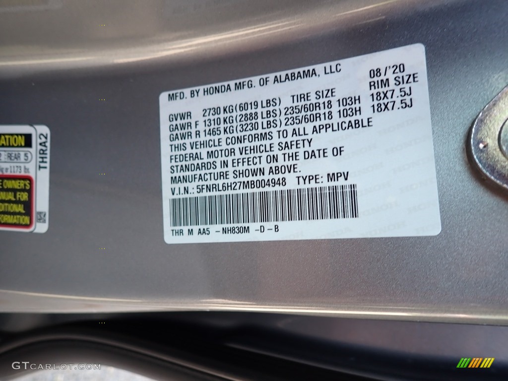 2021 Odyssey Color Code NH830M for Lunar Silver Metallic Photo #139495330