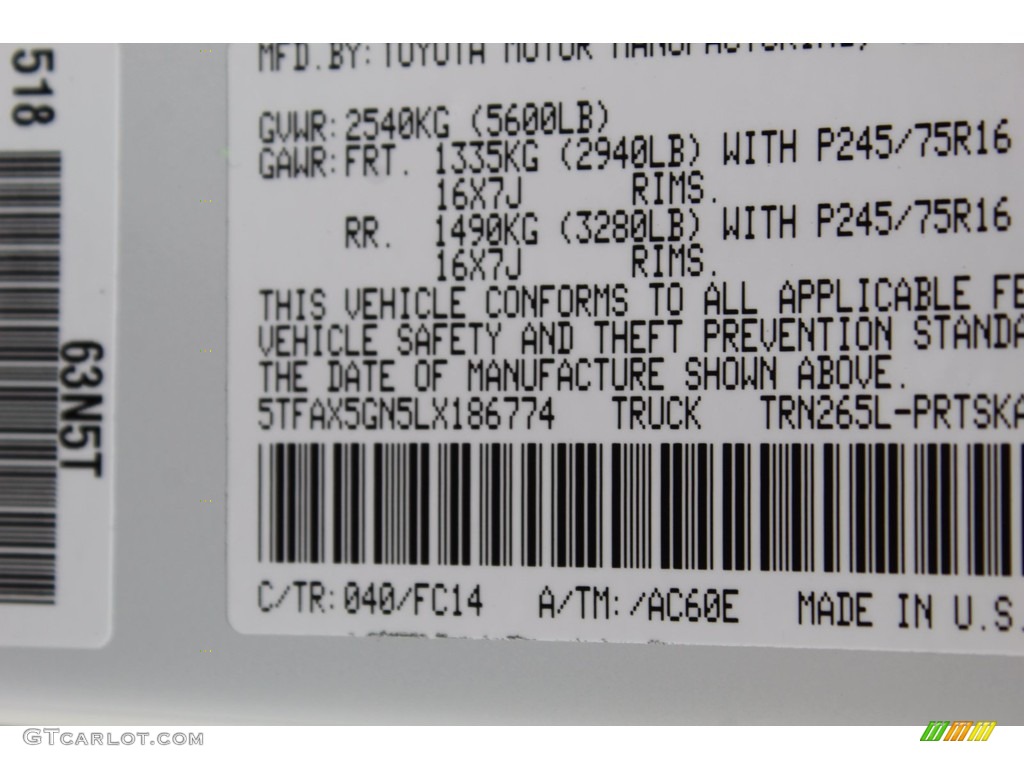 2020 Tacoma Color Code 040 for Super White Photo #139496617