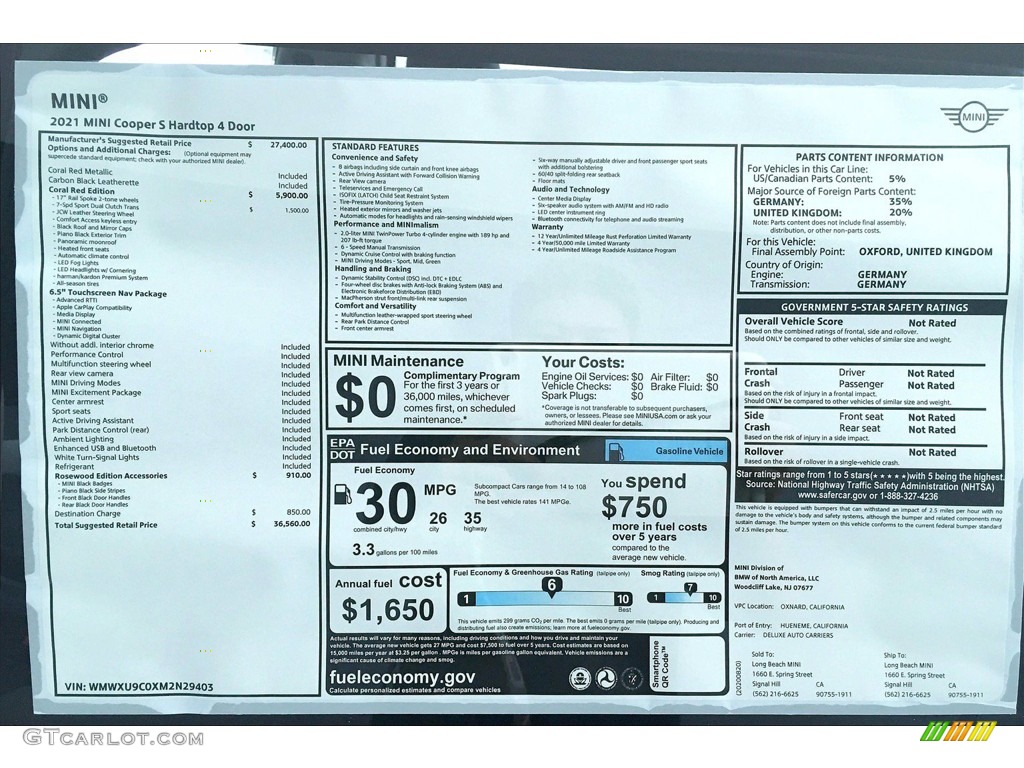 2021 Mini Hardtop Cooper S 4 Door Window Sticker Photo #139505182