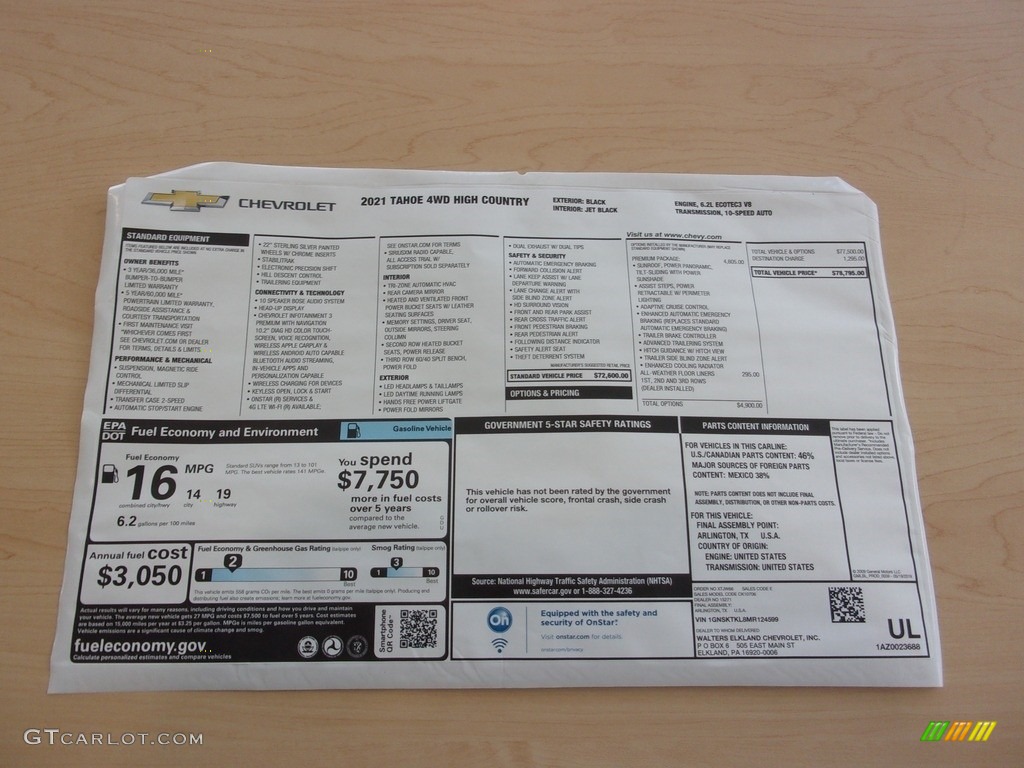 2021 Chevrolet Tahoe High Country 4WD Window Sticker Photos