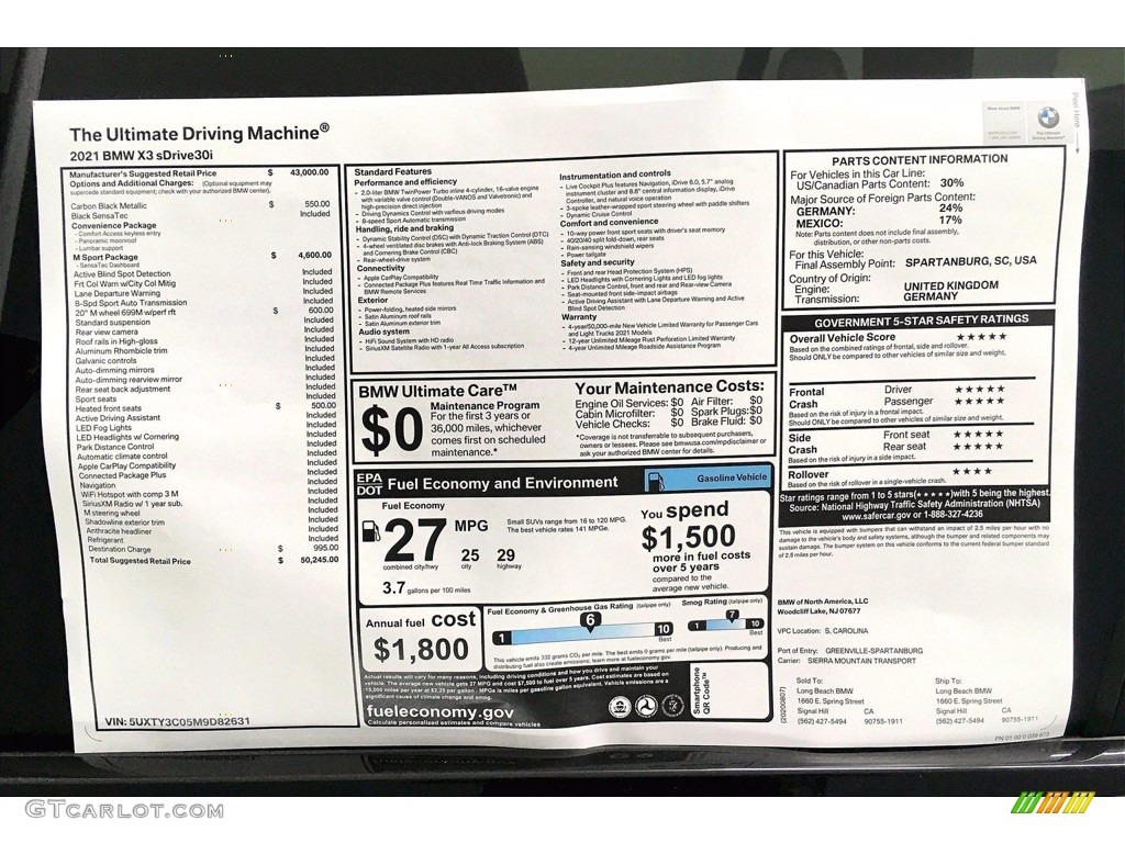2021 BMW X3 sDrive30i Window Sticker Photo #139529389