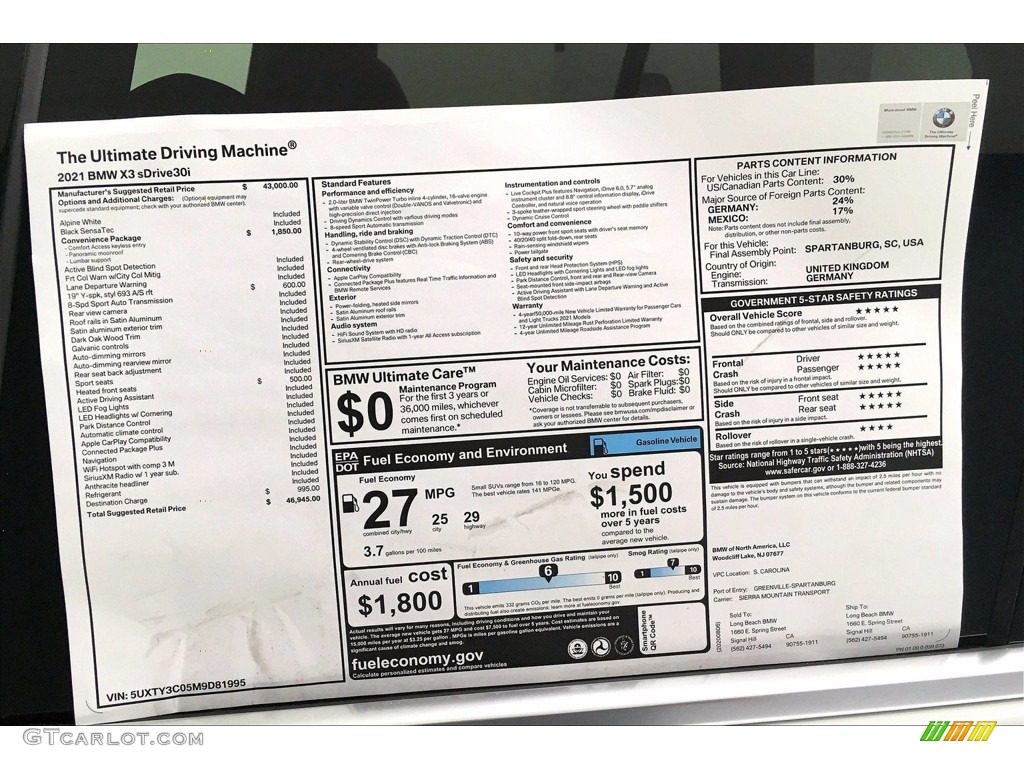 2021 BMW X3 sDrive30i Window Sticker Photo #139529689