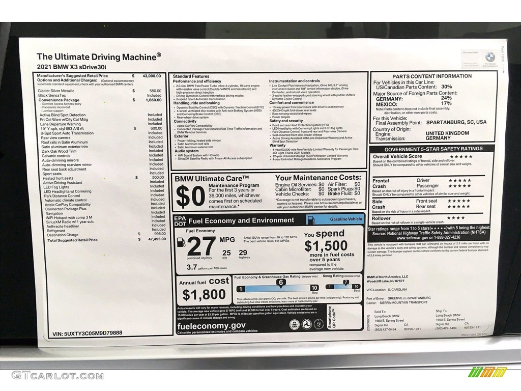 2021 BMW X3 sDrive30i Window Sticker Photo #139529986
