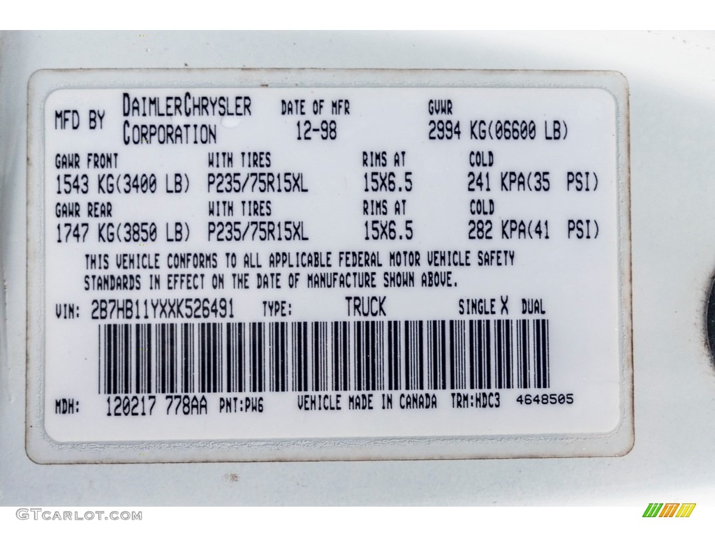 1999 Ram Van Color Code PW6 for Bright White Photo #139533572