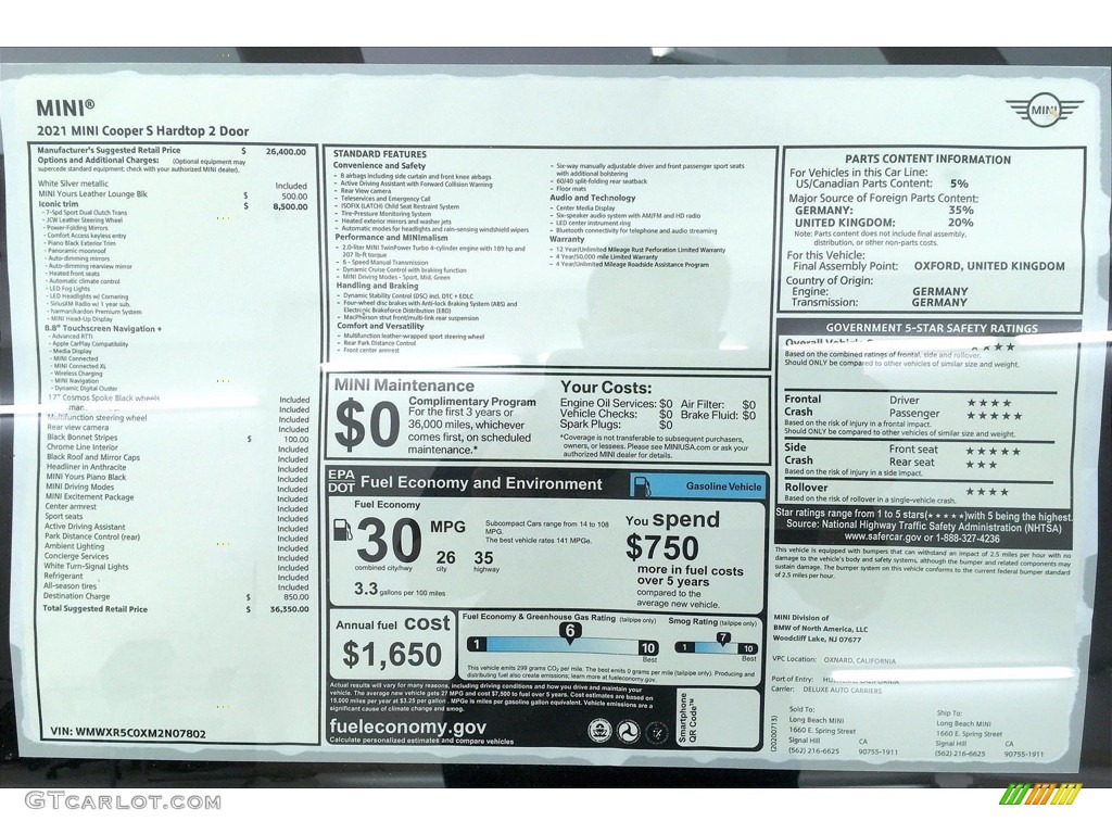 2021 Mini Hardtop Cooper S 2 Door Window Sticker Photo #139552250