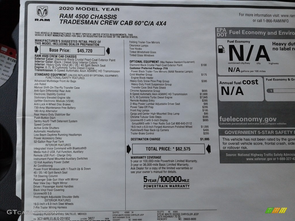 2020 Ram 4500 Tradesman Crew Cab 4x4 Chassis Window Sticker Photos