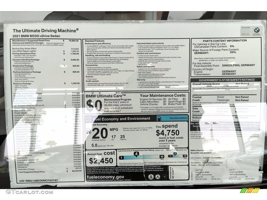 2021 BMW 5 Series M550i xDrive Sedan Window Sticker Photo #139563827