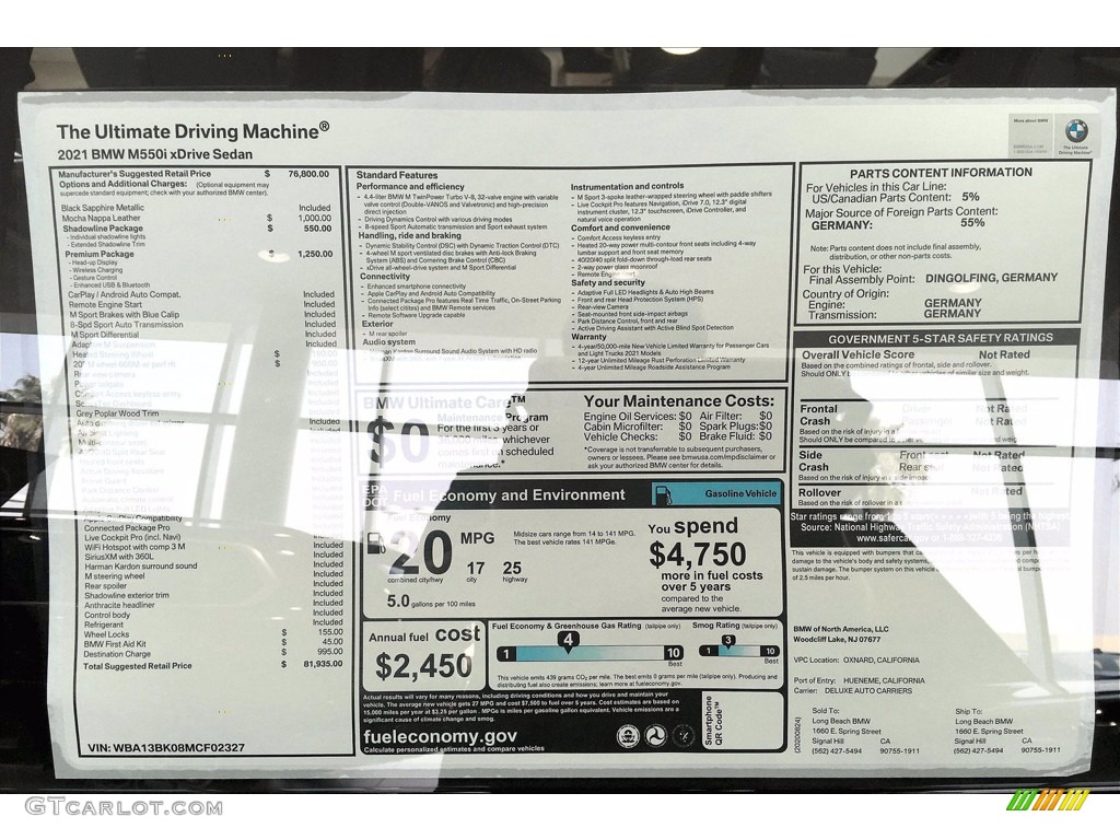 2021 BMW 5 Series M550i xDrive Sedan Window Sticker Photo #139564379