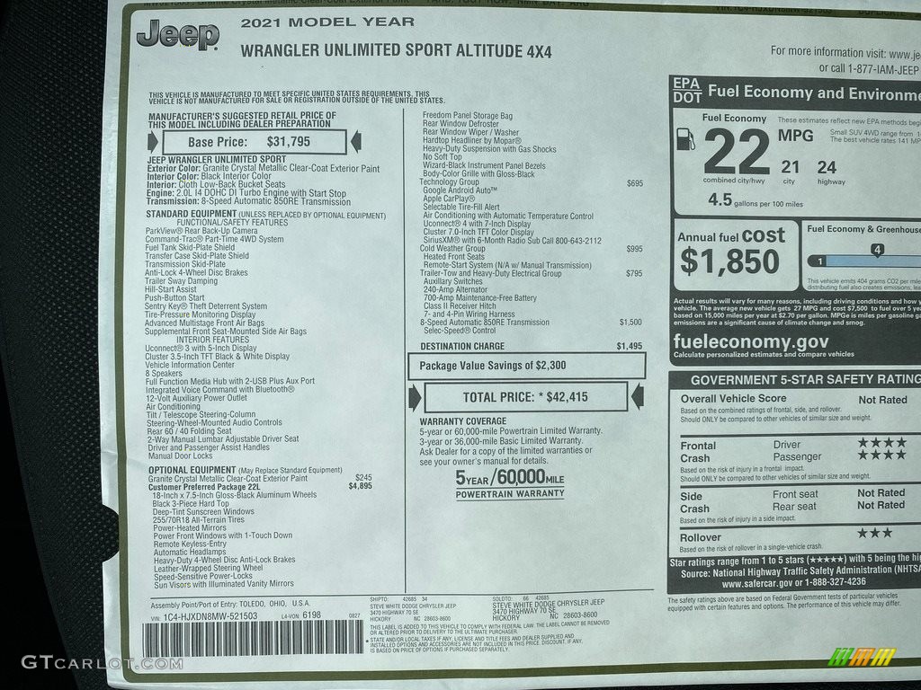 2021 Jeep Wrangler Unlimited Sport 4x4 Window Sticker Photo #139581129
