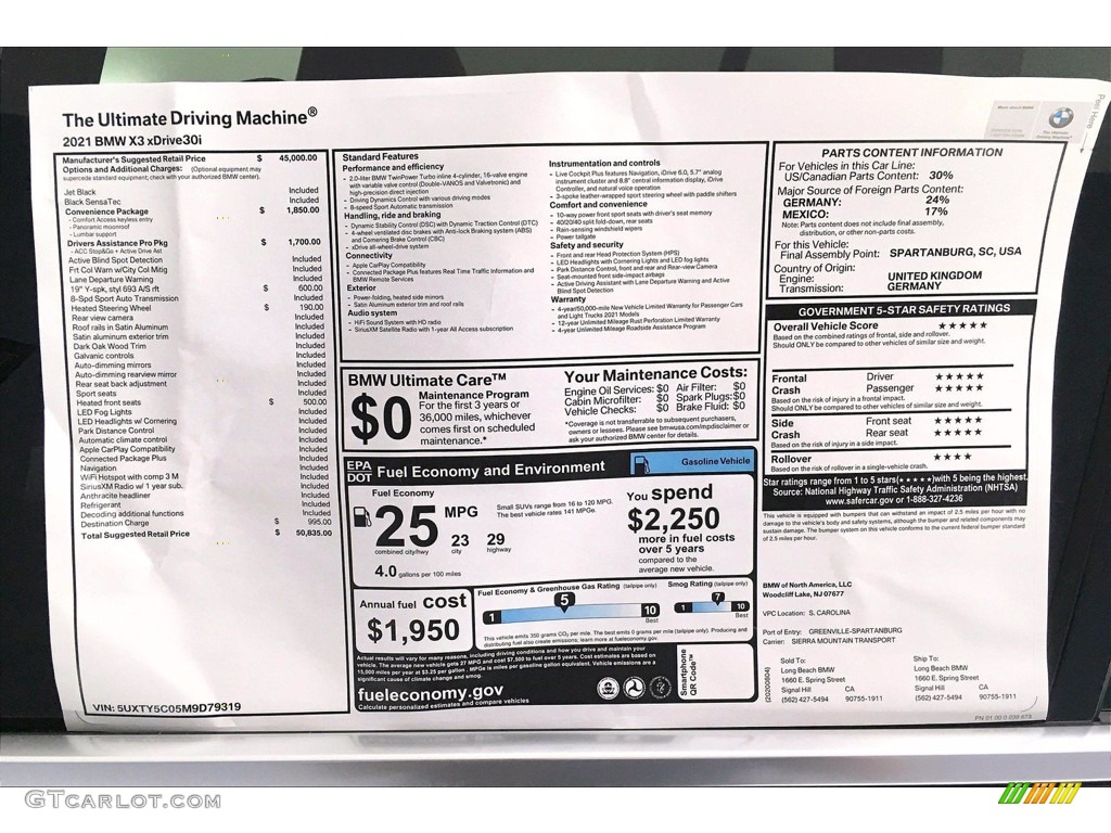 2021 BMW X3 xDrive30i Window Sticker Photo #139583646