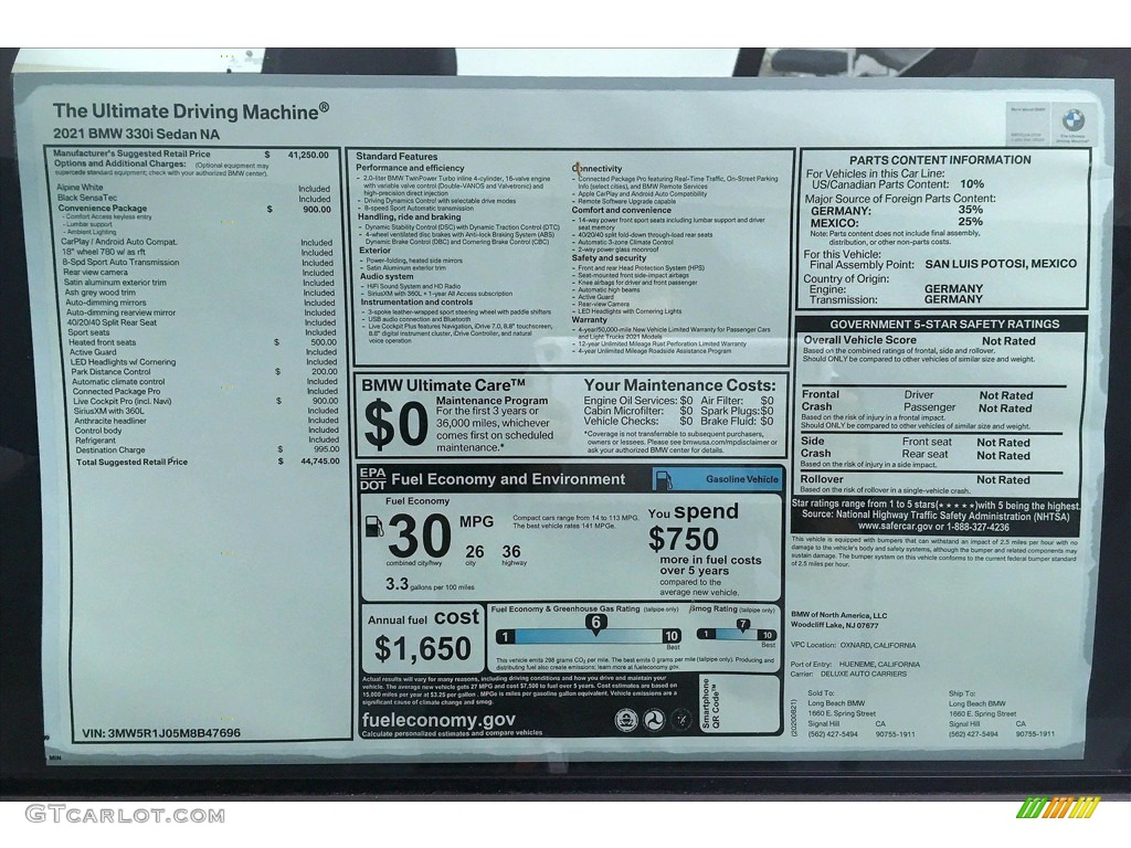 2021 BMW 3 Series 330i Sedan Window Sticker Photo #139586061