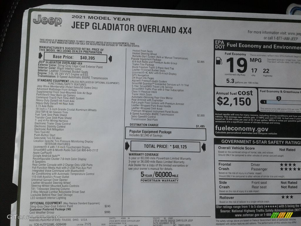 2021 Jeep Gladiator Overland 4x4 Window Sticker Photo #139591053