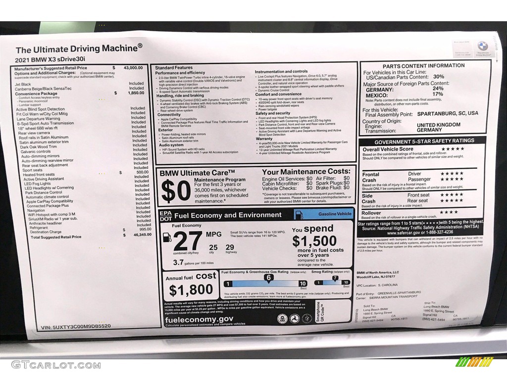 2021 BMW X3 sDrive30i Window Sticker Photo #139602335