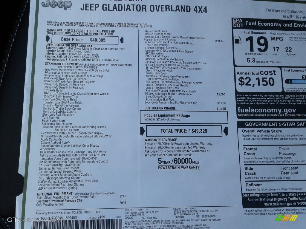 2021 Jeep Gladiator Overland 4x4 Window Sticker Photo #139620727