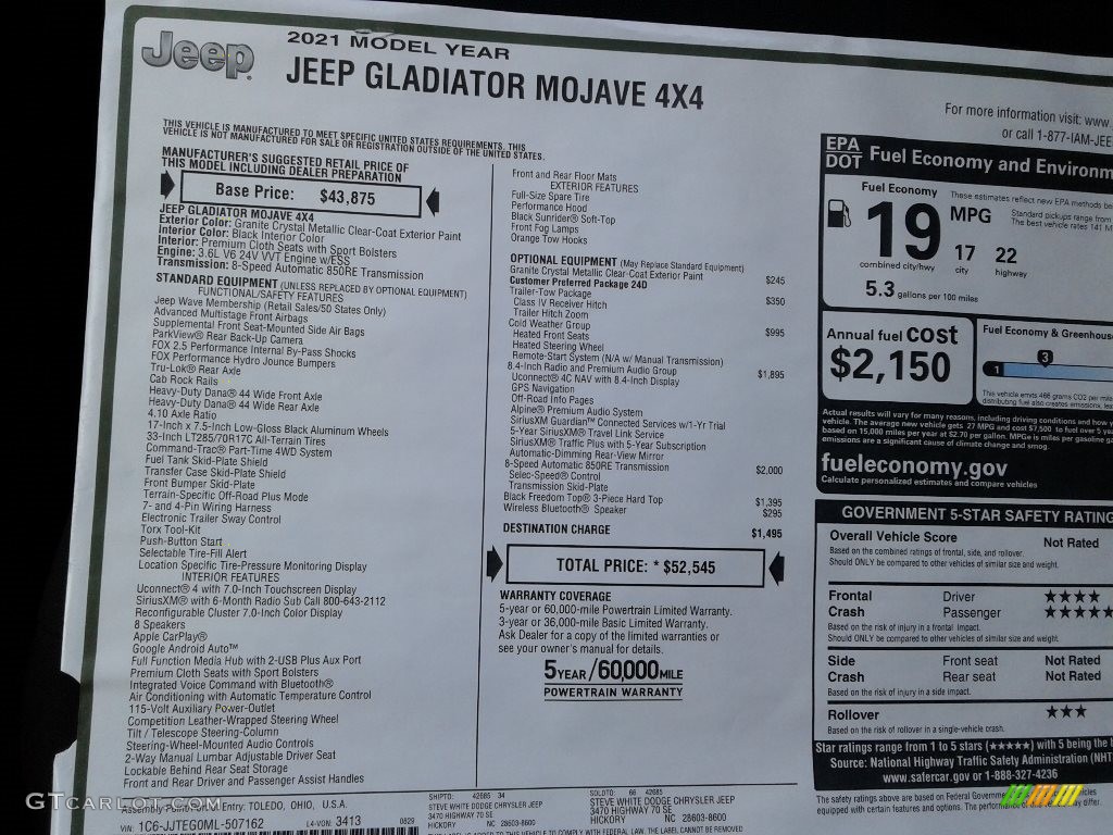 2021 Jeep Gladiator Mojave 4x4 Window Sticker Photo #139622260