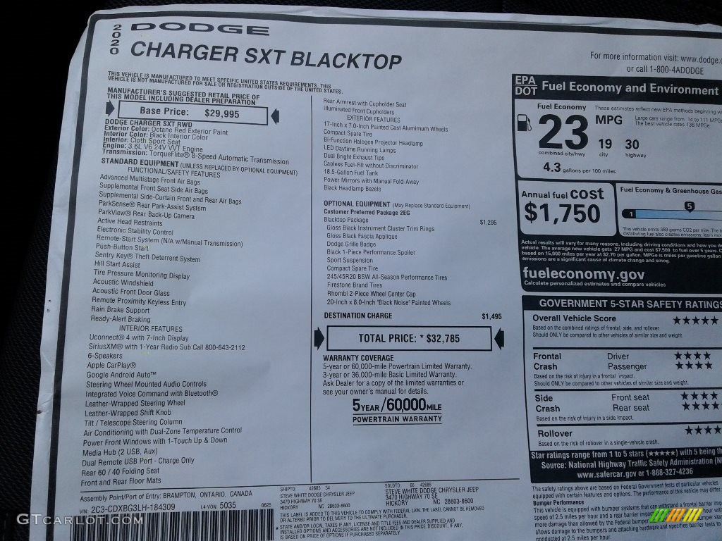 2020 Dodge Charger SXT Window Sticker Photo #139626058