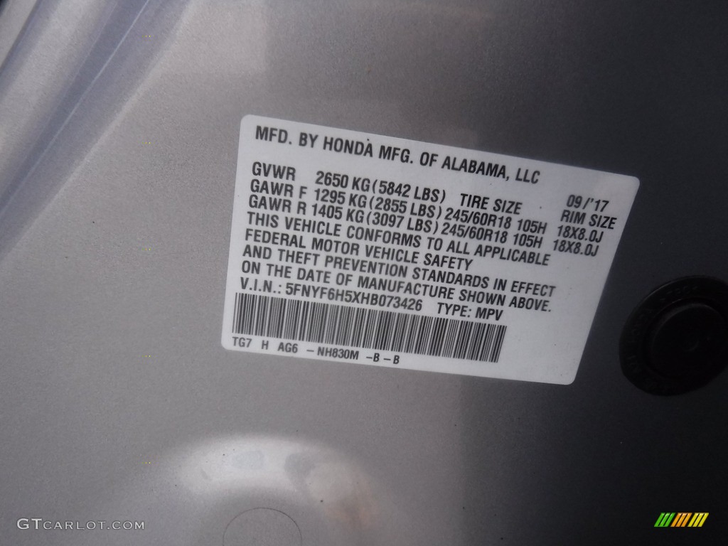 2017 Pilot EX-L AWD - Lunar Silver Metallic / Gray photo #31
