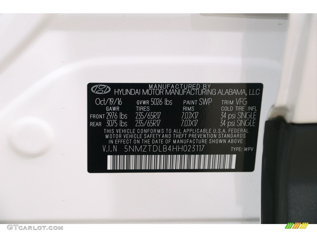 2017 Santa Fe Sport Color Code SWP for Pearl White Photo #139634067