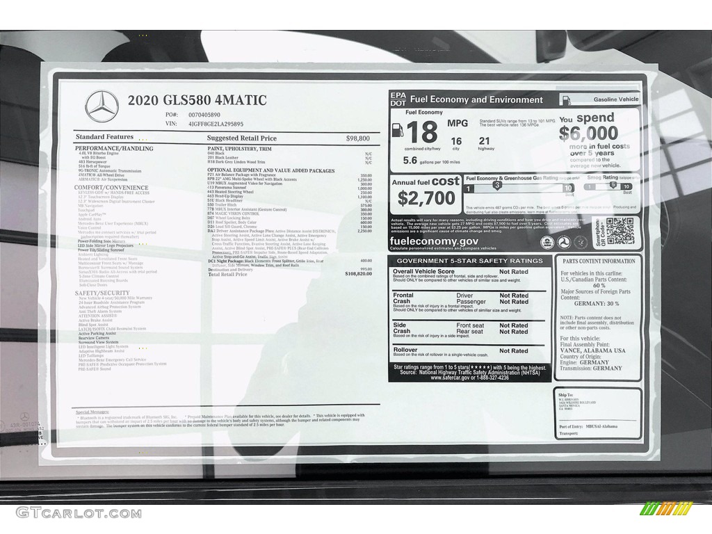 2020 Mercedes-Benz GLS 580 4Matic Window Sticker Photo #139638375