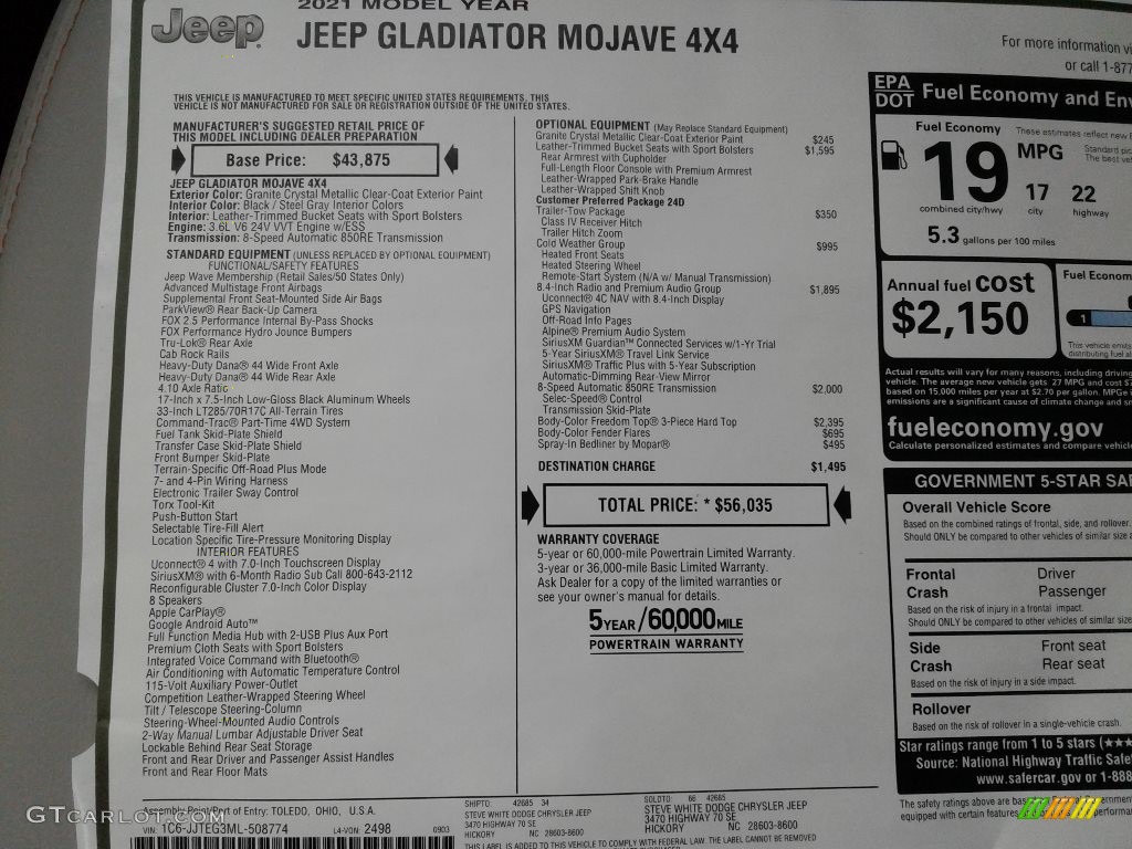 2021 Jeep Gladiator Mojave 4x4 Window Sticker Photo #139660840