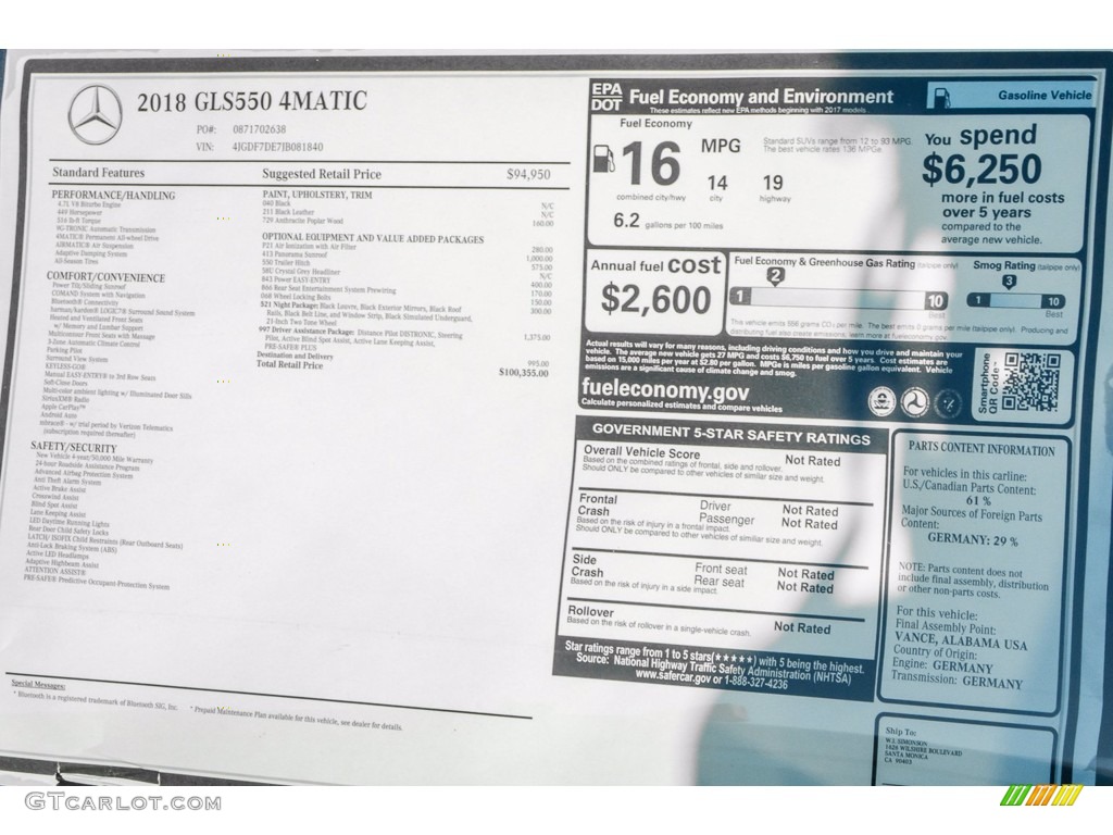 2018 Mercedes-Benz GLS 550 4Matic Window Sticker Photo #139661590