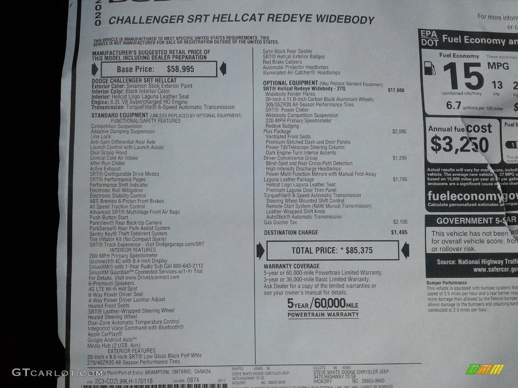 2020 Dodge Challenger SRT Hellcat Redeye Widebody Window Sticker Photos