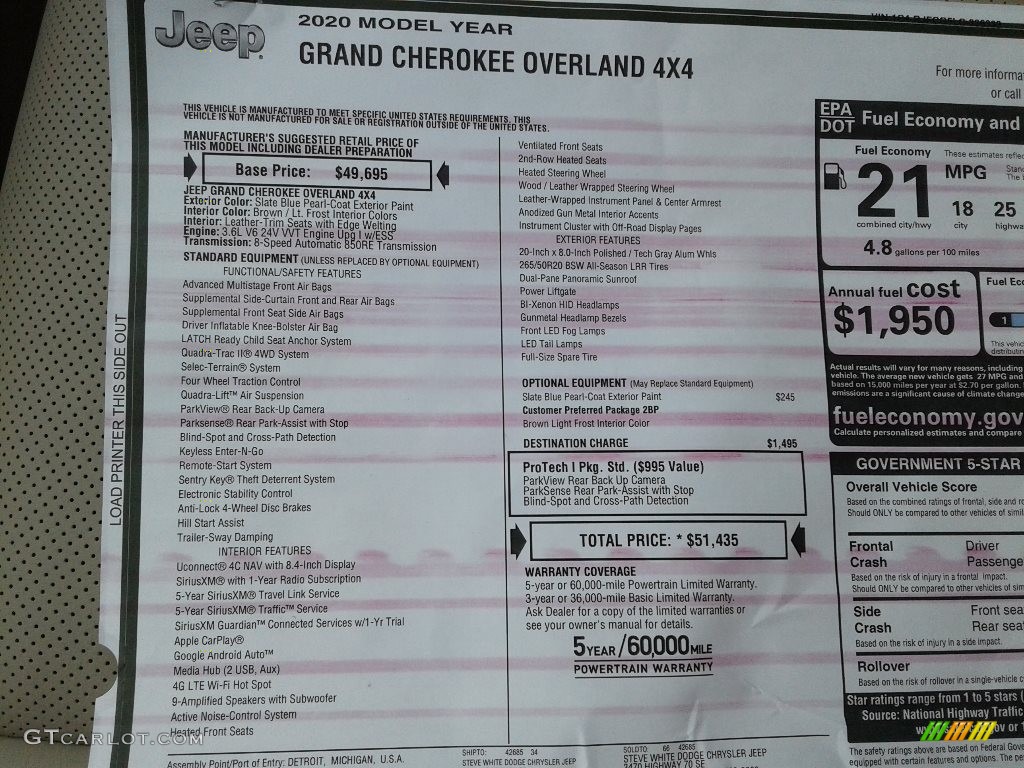 2020 Jeep Grand Cherokee Overland 4x4 Window Sticker Photos