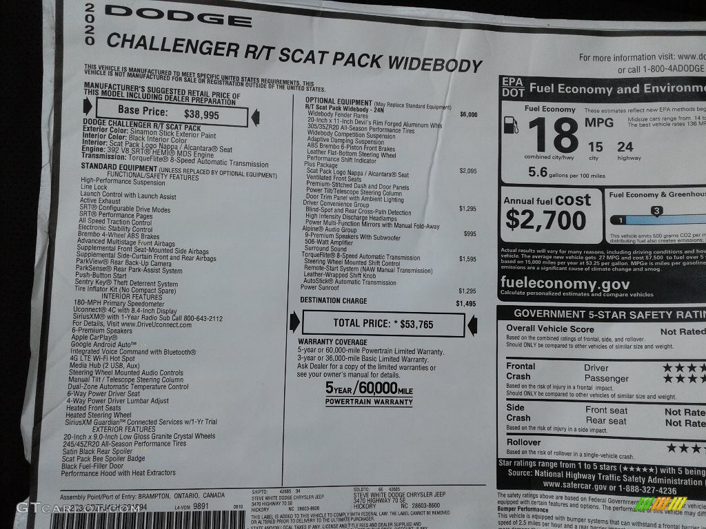 2020 Dodge Challenger R/T Scat Pack Widebody Window Sticker Photo #139673136