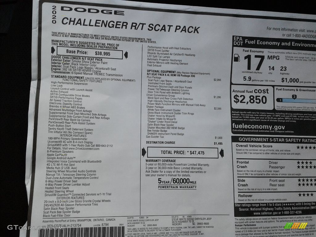 2020 Dodge Challenger R/T Scat Pack Shaker Window Sticker Photo #139673187