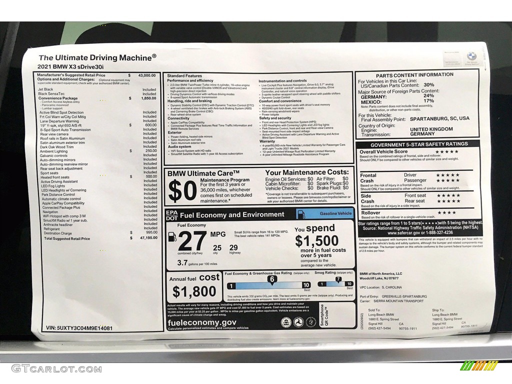 2021 BMW X3 sDrive30i Window Sticker Photo #139673382
