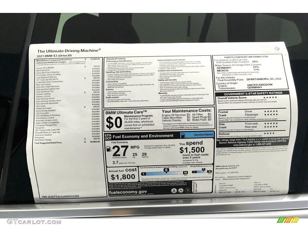 2021 BMW X3 sDrive30i Window Sticker Photo #139674237