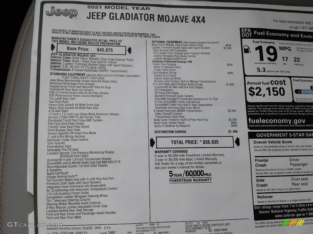 2021 Jeep Gladiator Mojave 4x4 Window Sticker Photo #139674552
