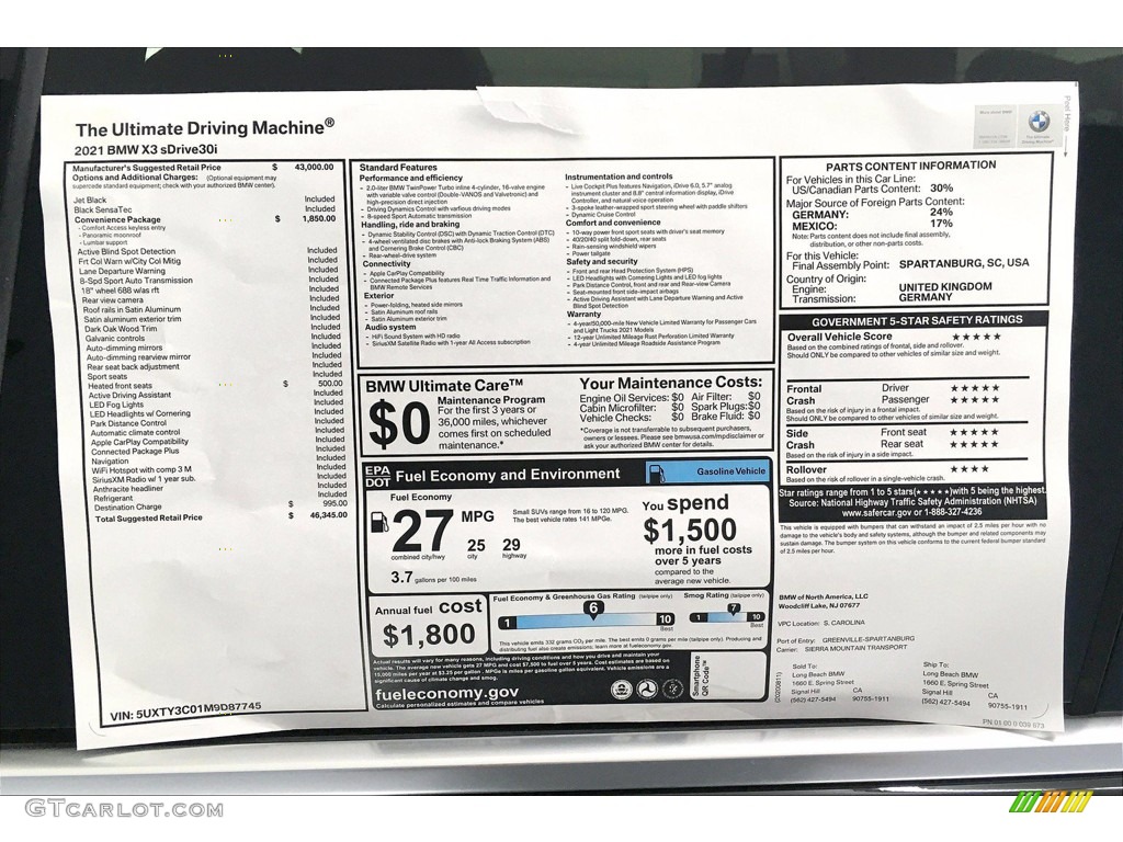 2021 BMW X3 sDrive30i Window Sticker Photo #139674939