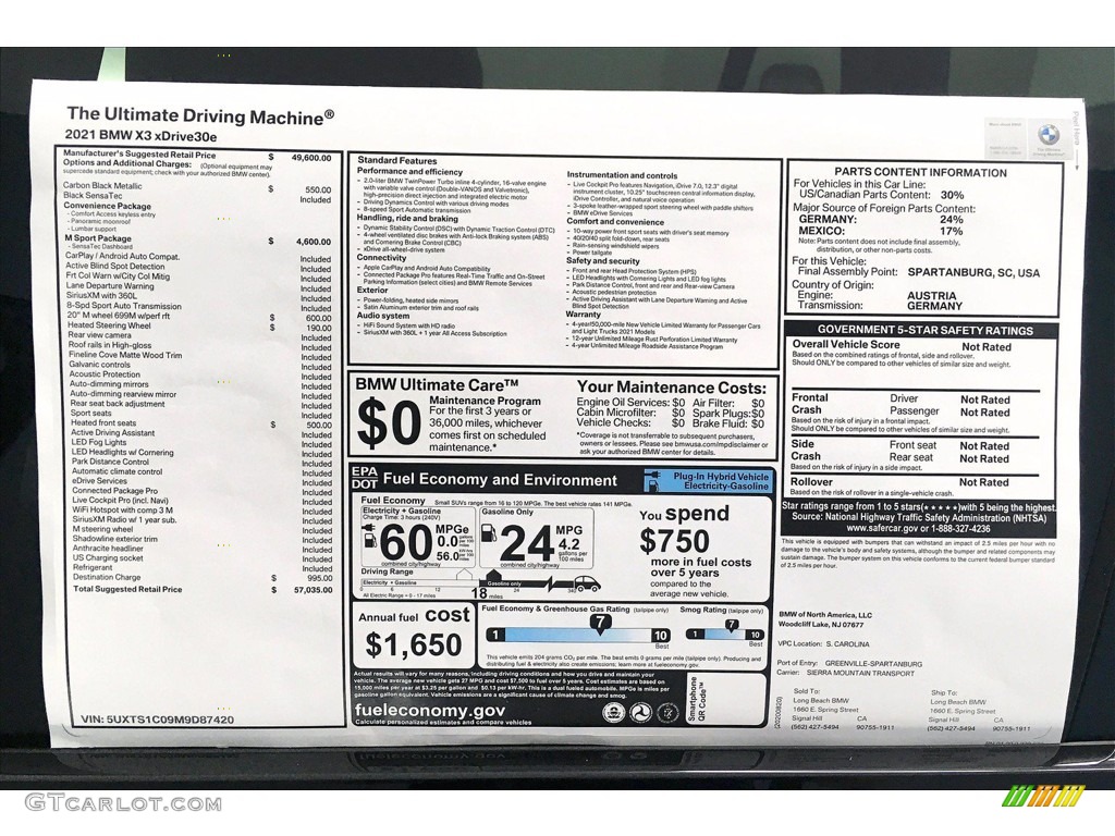 2021 BMW X3 xDrive30e Window Sticker Photo #139675257
