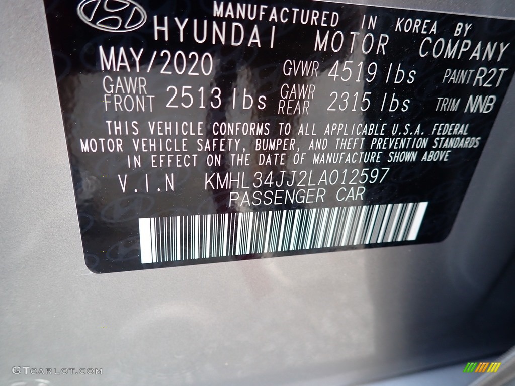 2020 Hyundai Sonata SEL Hybrid Color Code Photos