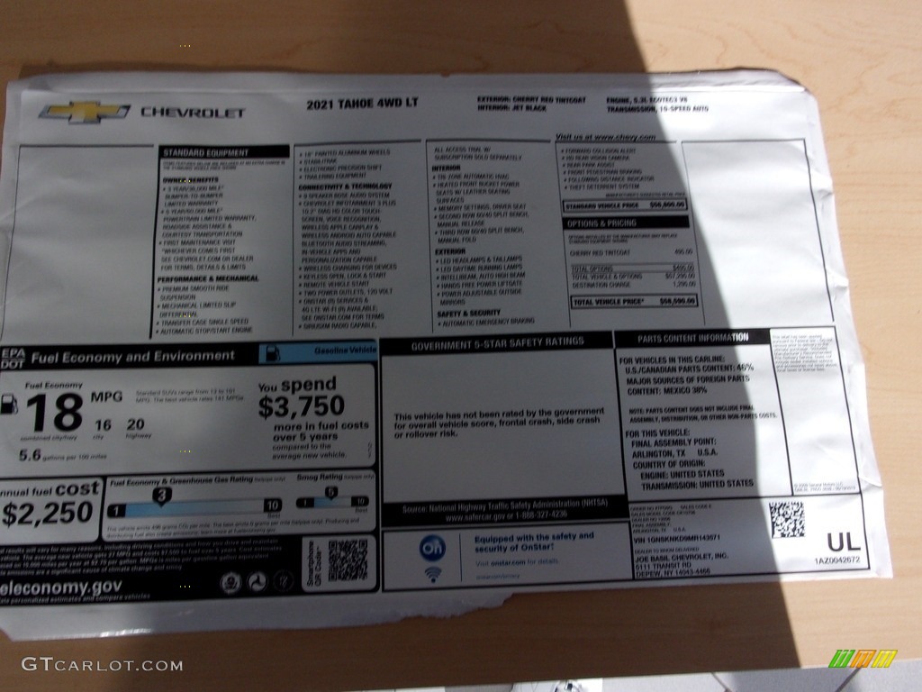 2021 Chevrolet Tahoe LT 4WD Window Sticker Photo #139686766