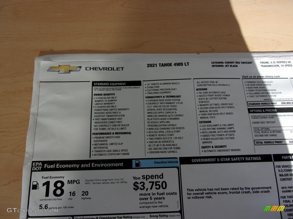 2021 Chevrolet Tahoe LT 4WD Window Sticker Photo #139686786