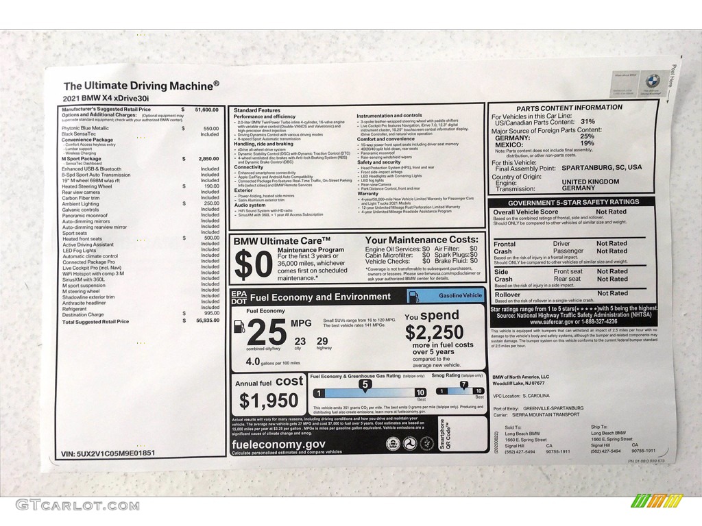 2021 BMW X4 xDrive30i Window Sticker Photo #139687150