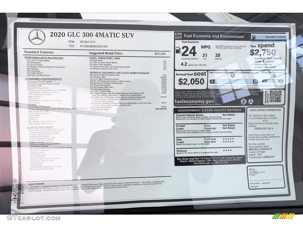 2020 Mercedes-Benz GLC 300 4Matic Window Sticker Photo #139692402