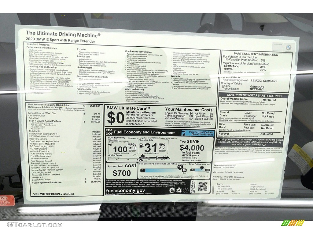 2020 BMW i3 S with Range Extender Window Sticker Photo #139731000