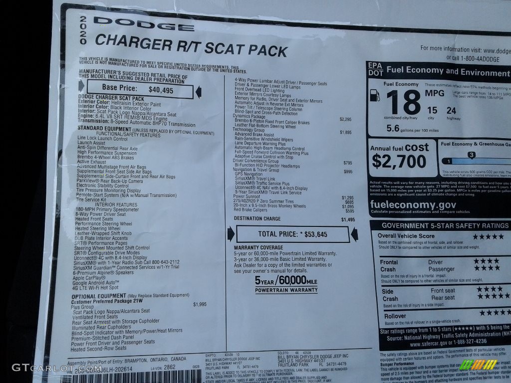 2020 Dodge Charger Scat Pack Window Sticker Photo #139732278