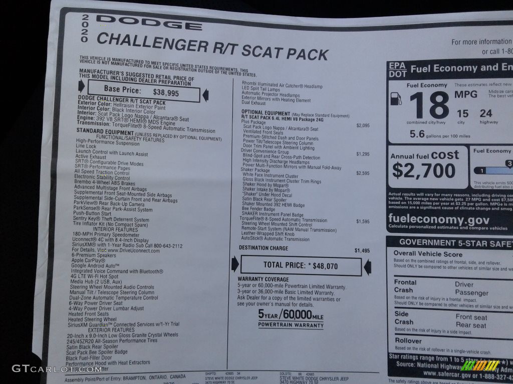 2020 Dodge Challenger R/T Scat Pack Shaker Window Sticker Photo #139732819